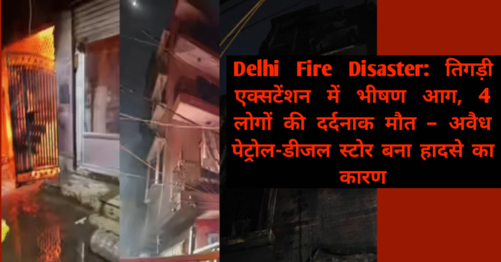 Delhi Fire Disaster: तिगड़ी एक्सटेंशन में चार मंजिला इमारत में लगी भीषण आग, चार की दर्दनाक मौत

दक्षिणी दिल्ली के तिगड़ी एक्सटेंशन में शनिवार शाम एक बड़ा हादसा हुआ। यह Delhi Fire Disaster इतना भयावह था कि मिनटों में चार मंजिला मकान आग की लपटों में घिर गया और चार लोगों की दर्दनाक मौत हो गई। घटना में एक महिला गंभीर रूप से झुलसी हुई है, जिसे सफदरजंग अस्पताल में भर्ती कराया गया है।

यह हादसा सिर्फ एक आग नहीं था, बल्कि दिल्ली में अवैध पेट्रोल-डीजल स्टोर के खतरों का ताज़ा उदाहरण बन गया है।