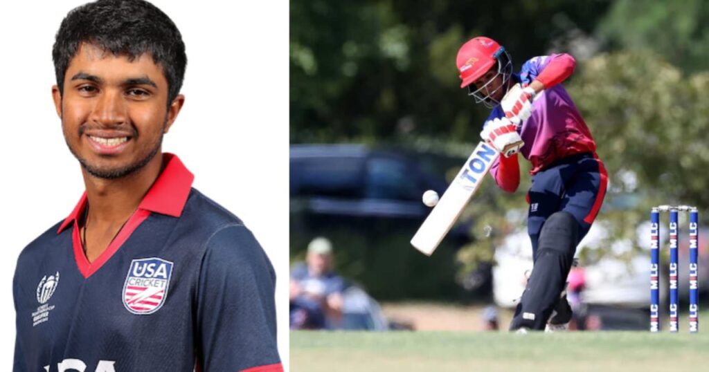 Saiteja Reddy Mukkamalla Cricketer USA jersey में batting करते हुए, जहाँ उनकी classical Indian technique और calm approach साफ नजर आती है।